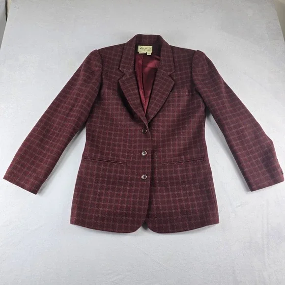 Vintage Eddie Bauer Women's Plaid Wool Blazer Size Small Burgundy‎ Brown Lined - Picture 2 of 11